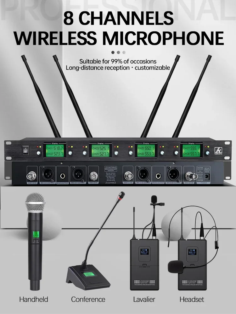 Erzhen Hot Selling Professional Handheld UHF 8-Channel Microphone Karaoke Recording Wireless Microphone System