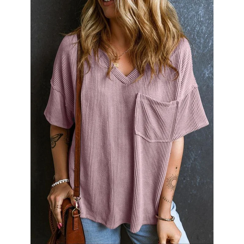 Women's Plain Textured Poet V Ne Tee, Casual Drop Shoulder Half Sleeve T-Shirt for Summer, Ladies Clothes for Daily Wear