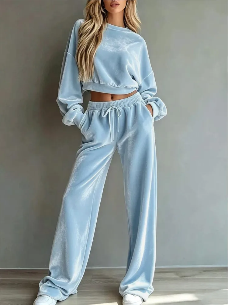 Damen Samt 2-Teiliges Set O-Ausschnitt Langarm Crop Top Kordelzug Weite Hose Lässiger Trainingsanzug Damen Lockerer Loungewear-Anzug