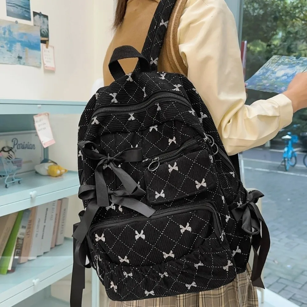 Fashion Corduroy Bow Schoolbag Ins Style Large Capacity Backpack Bag Bow Print Versatile Backpack Student