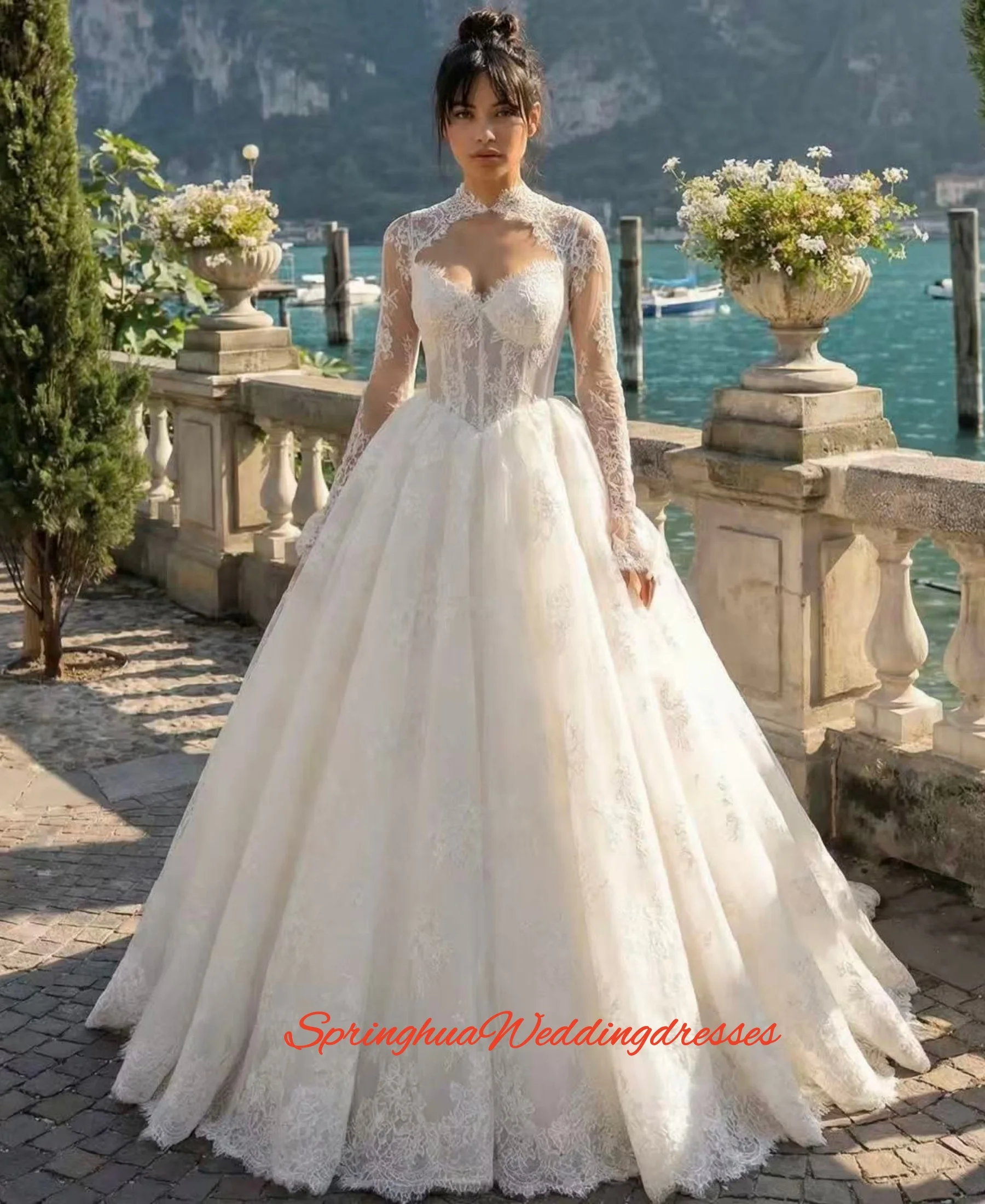 

Индивидуальные роскошные свадебные платья в стиле королевского бального платья с длинными рукавами, кружевной съемной накидкой, Robe De Vestido De Novia