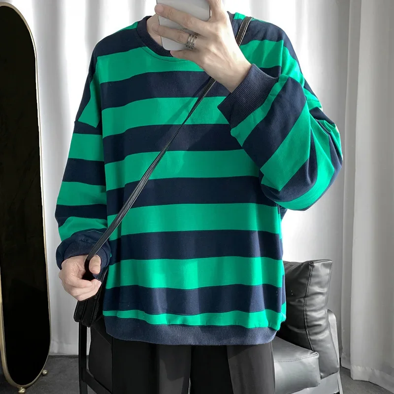 Stripe Long Sleeve T-shirt For Men Autumn Winter Loose-fit Korean Version Fashionable Round Neck Base Layer Top Casual Top