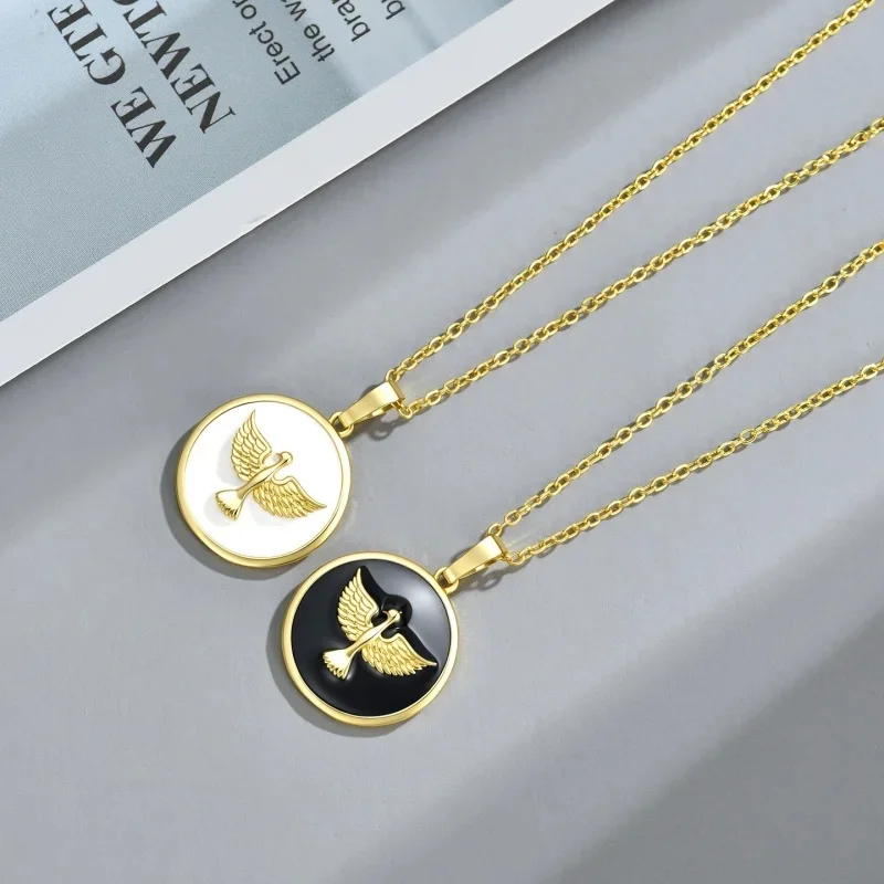 Round Enamel Coin Pendant Necklace 3D Embossed Spread Wing Phoenix Inspirational Unisex Stackable Keepsake Jewelry