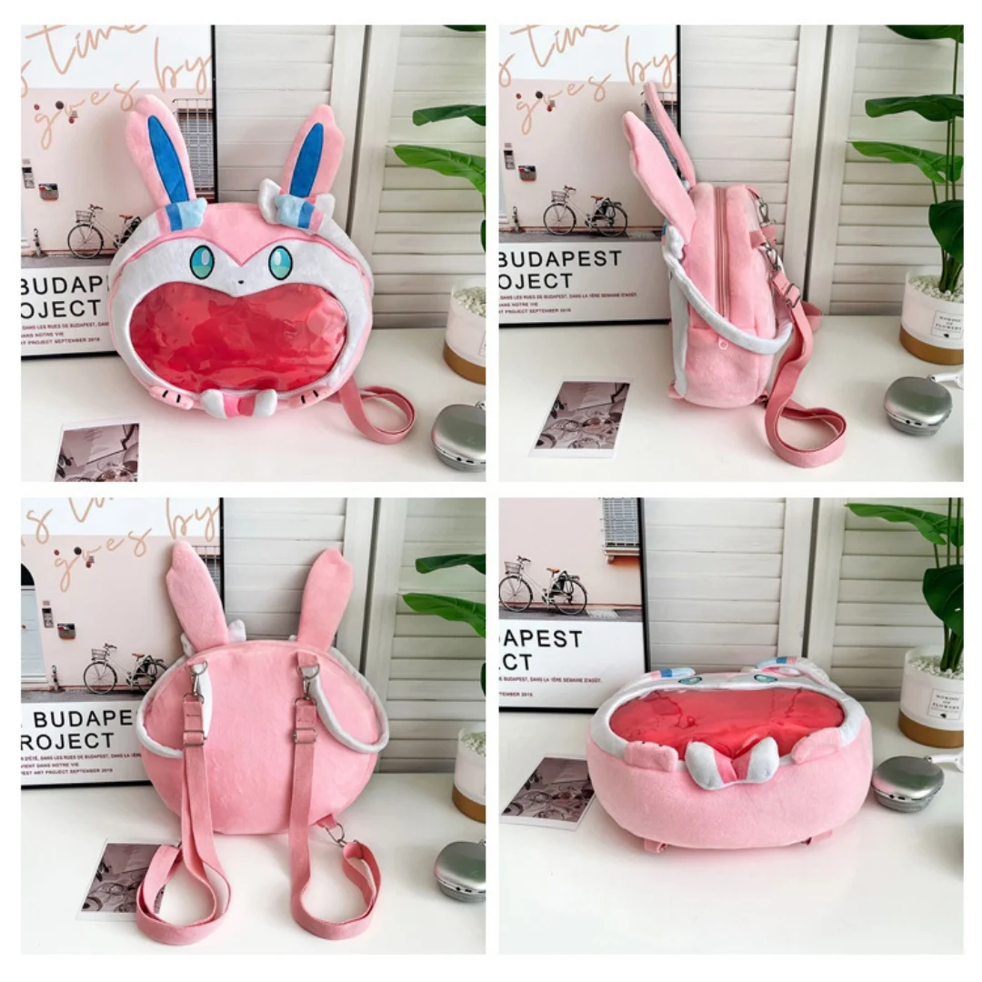 Lovely Sylveon Pink Plush Ita Backpack Clear Window Pin Badge Card Display Adjustable Strap Anime Shoulder Bag for Fans Gift view 4
