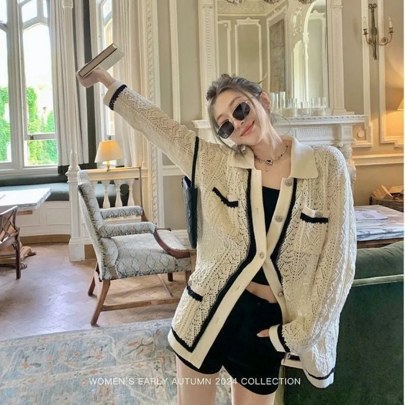 

Женская одежда, весенне-осенний модный корейский однотонный кардиган с воротником-поло на пуговицах, женский темпераментный свободный кардиган, кардиган