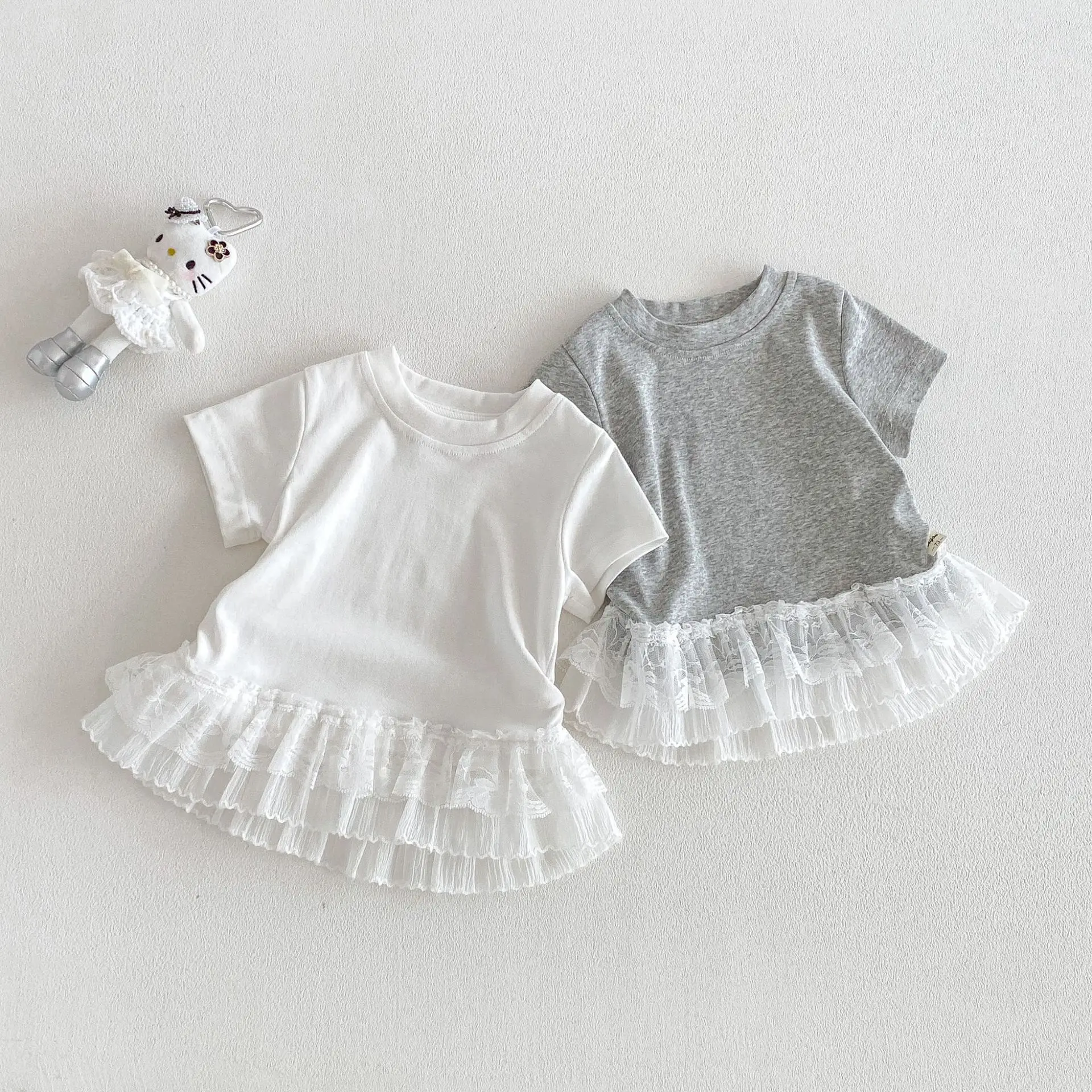 

2026 Summer New Girls Short Sleeve T Shirts Solid Cute Baby Girl Sweet Lace Splicing Tops Cotton Infant Toddler Clothes