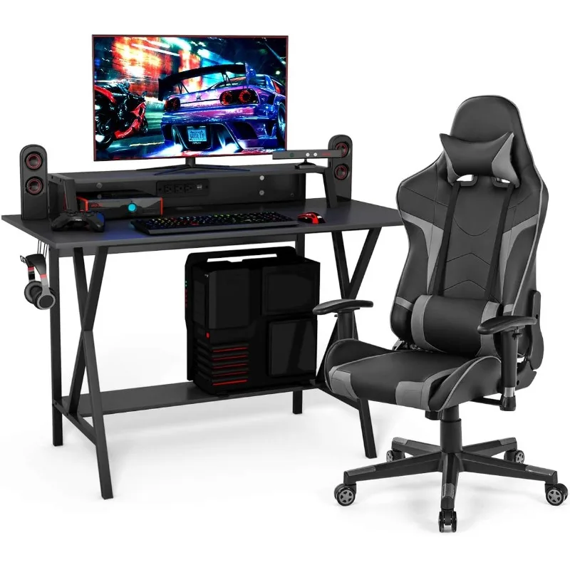 

Gaming Desk and Chair Set, Ergonomic E-Sport Gamer Desk & Racing Chair Set w/Cup Holder, Monitor Stand