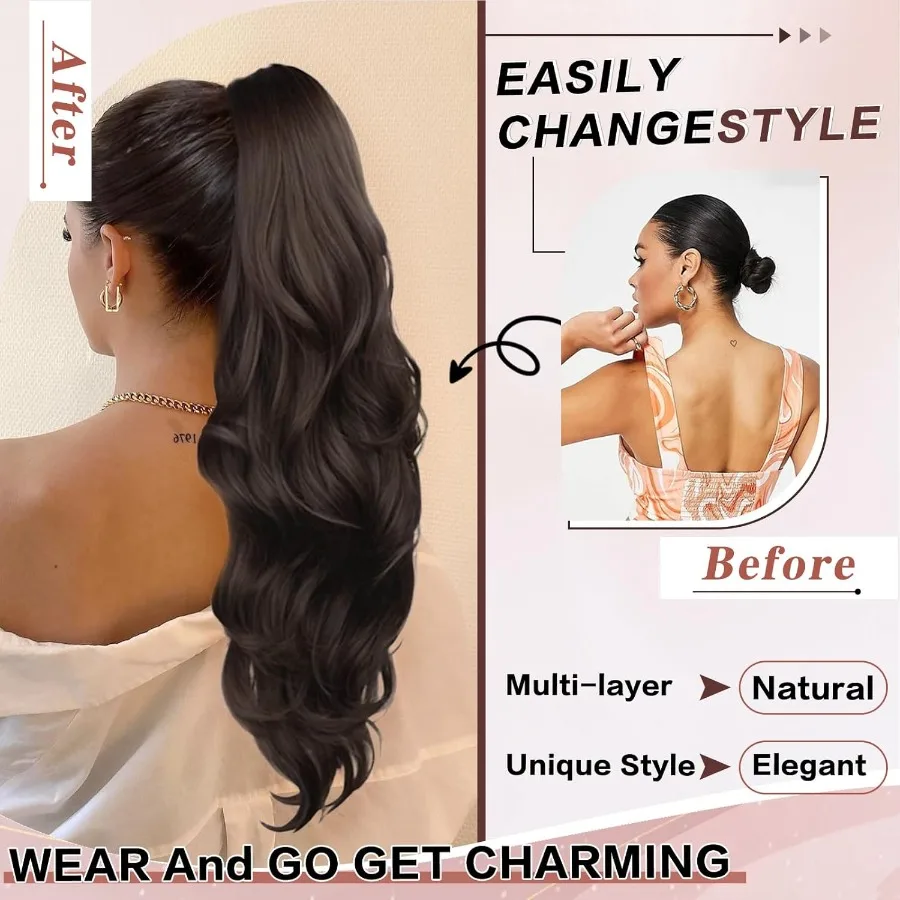 وصلة شعر طويلة مموجة برباط بطول 26 بوصة للنساء، قطعة شعر صناعية بمشبك على شكل ذيل حصان مع مظهر طبيعي مثالي لـ