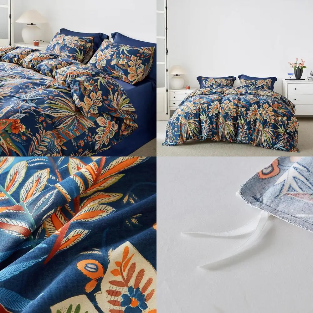 

Комплект пододеяльников из египетского хлопка с тропическими листьями королевского размера и 2 наволочками, синий и оранжевый узор
