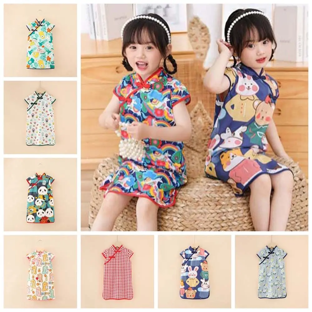 Cartoon Animals Children Cheongsam Princess Dress Girls Clothing Kids Girls Cartoon Skirt Qipao Short-Sleeved