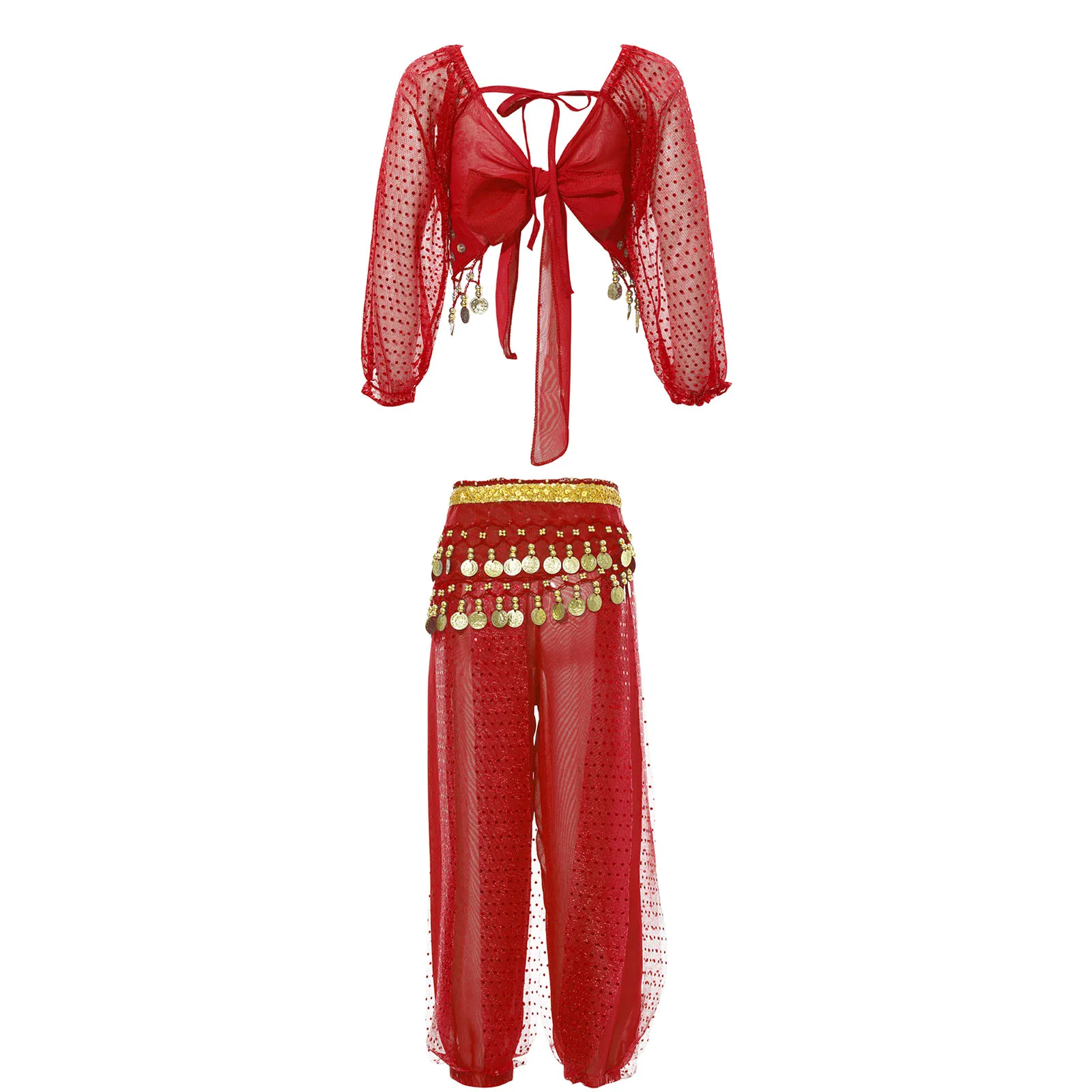 Mädchen Indien Bauchtanz arabische Prinzessin Performance Kostüm Langarm Crop Top mit Harems hose Hüfttuch Bauchtanz für Kinder