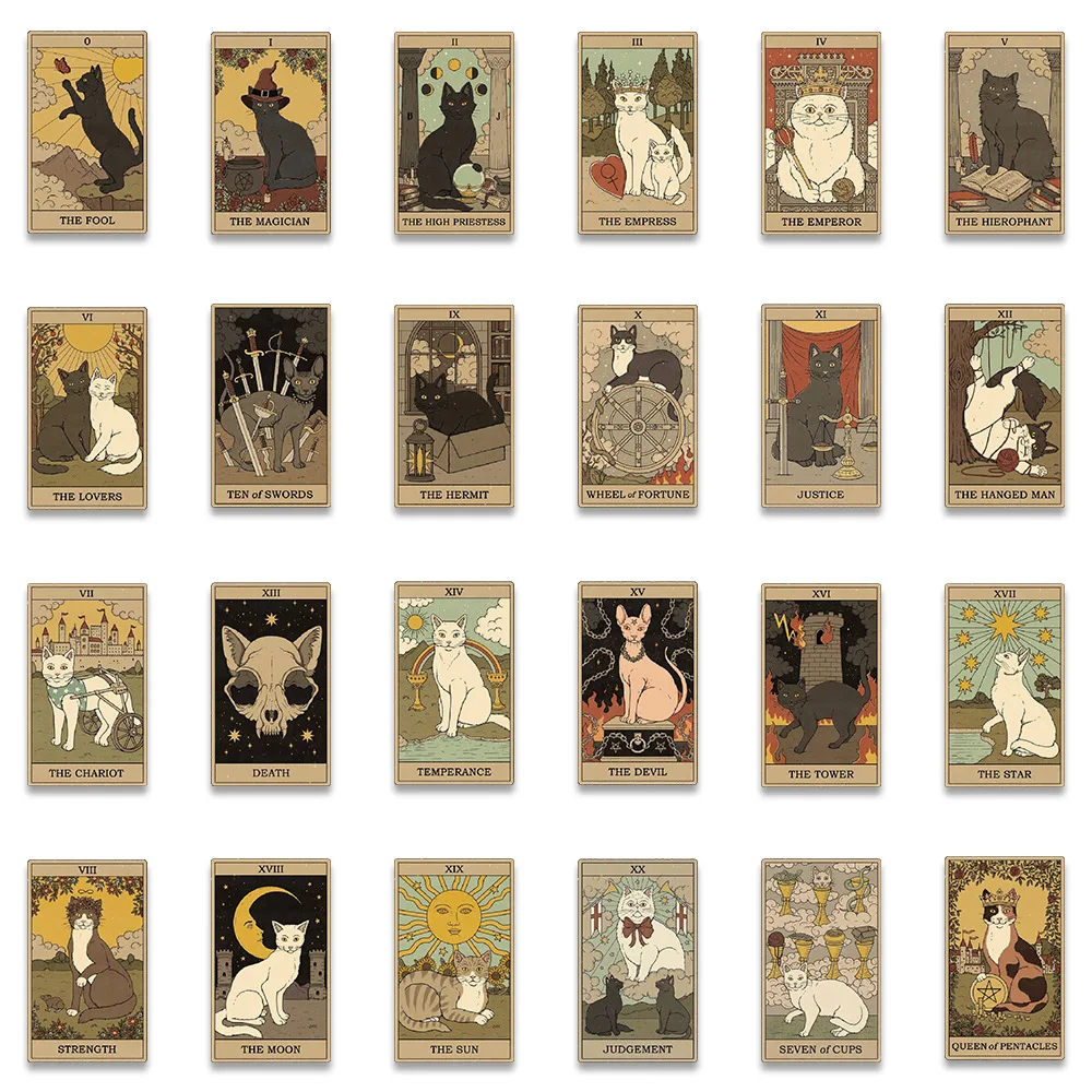 72pcs Retro Cat Tarot Stickers Aesthetic for Laptop Scrapbooking Stationery Vintage Sticker Toy Material Craft Supplies