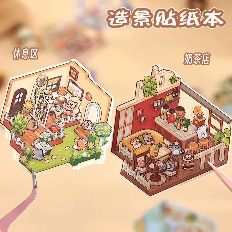 8 en 1 tamaño Mini 3D dibujos animados ciudad paisaje pegatina colección escena DIY juguete juego pegatina Festival regalo de cumpleaños para chico niña