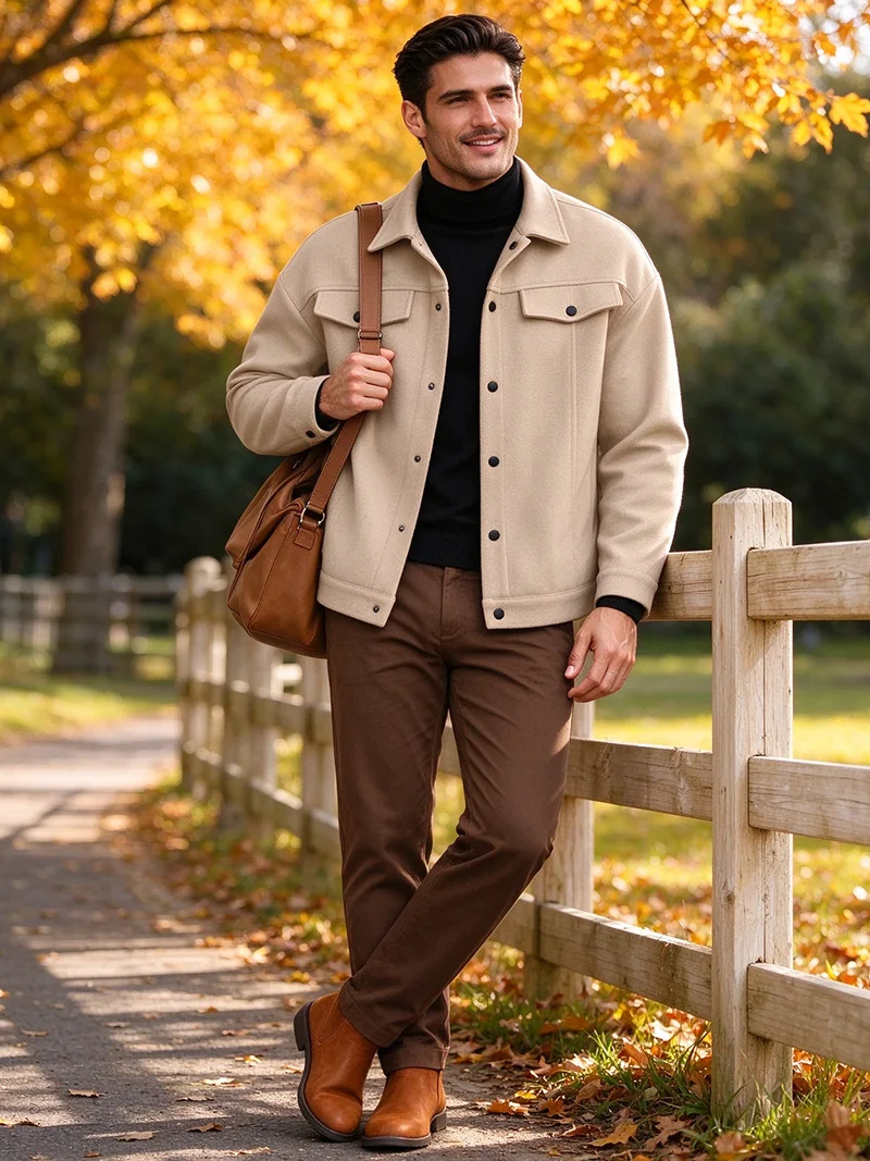 Herren Locker Sitzende Kurze Jacke aus Weichem Gebürstetem Stoff für Herbst und Winter, Business, Alltag, Casual, mit Falscher Dekoration, Brustklappe, Revers, Modische Oberbekleidung – Detail 14