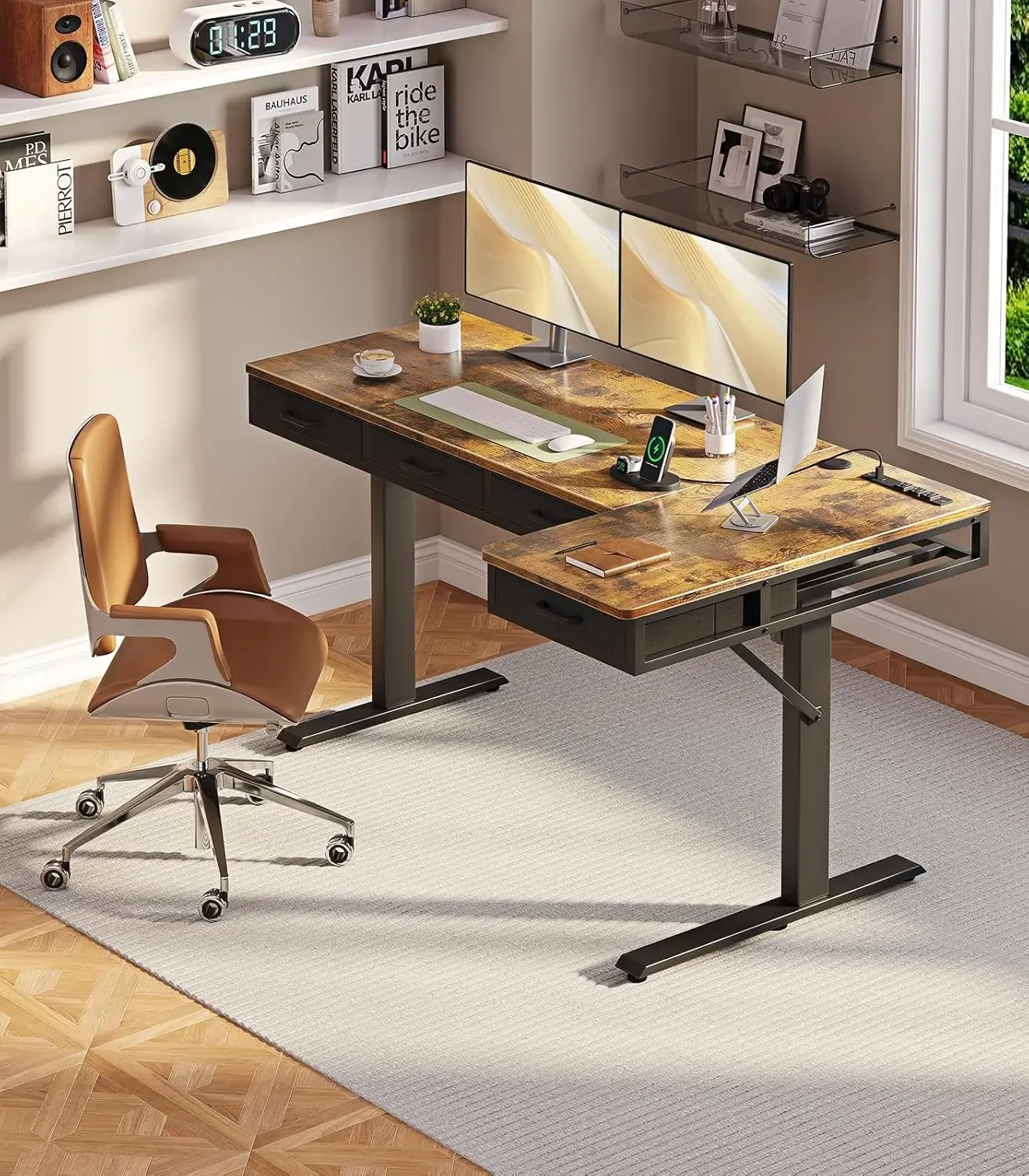 63 Inch L Shaped Electric Standing Desk with Drawers, Height Adjustable Large Desk with Power Outlets