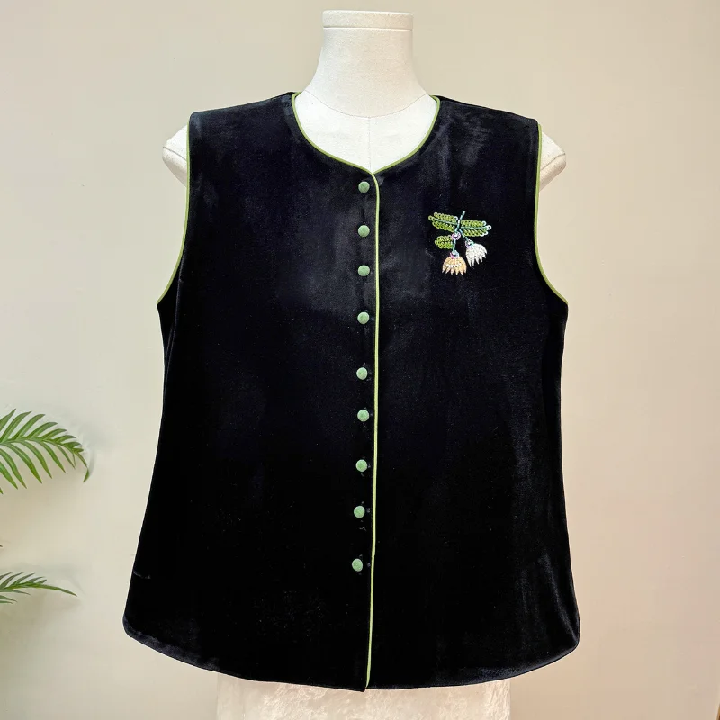 Sequins Women Chongsam Jacket Sleeveless Daily Casual Outwear Clothes Easten Round Collar Blouse Chinese Style Luxury Shirt