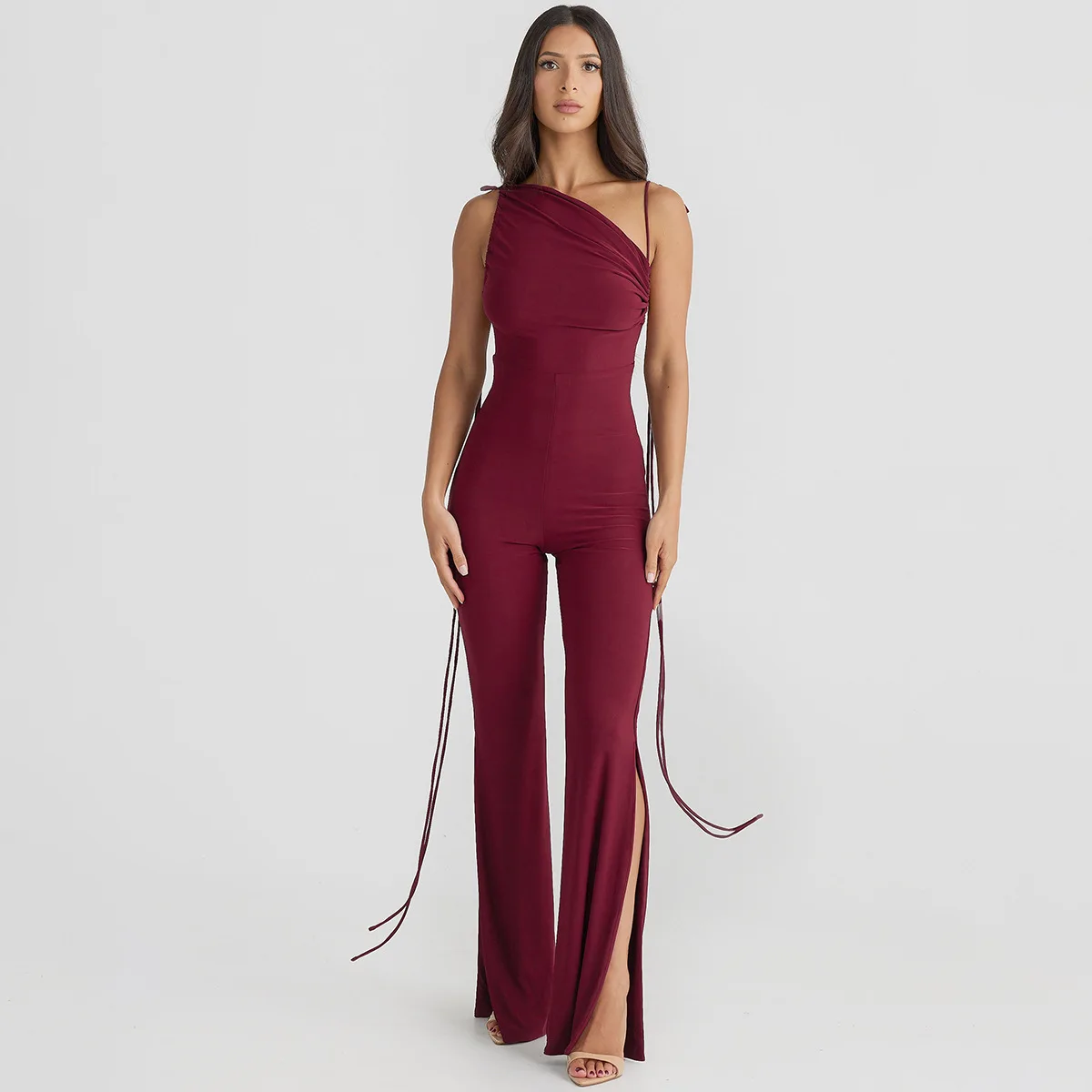 Jumpsuit Solid tanpa lengan Backless seksi Jumpsuit celana panjang Split Halter berenda Wanita Jumpsuit panjang longgar elegan