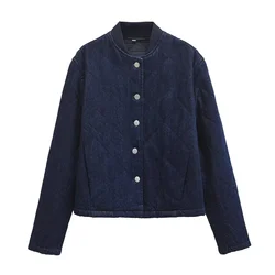 TRAF autumn and winter new products women's diamond grid stand collar loose single breasted denim cotton jacket jacket jacket