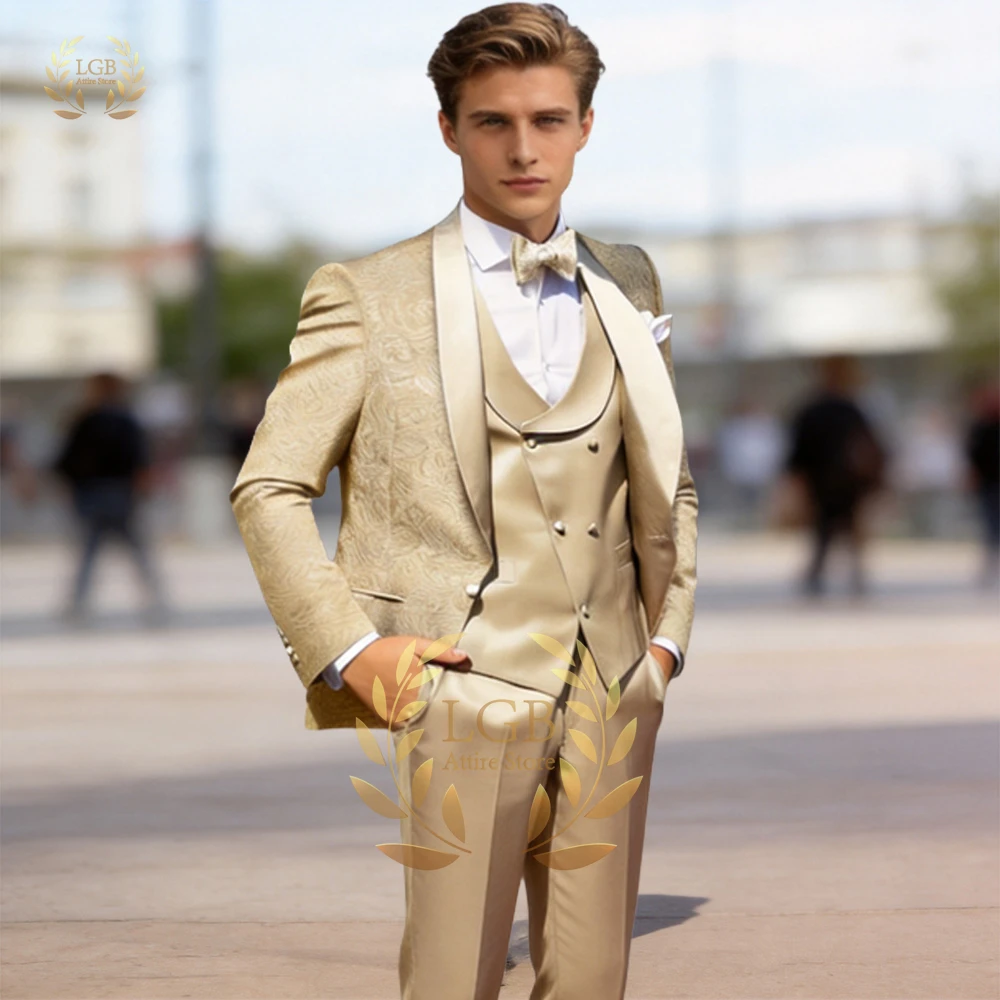 

Men's 3-Piece Jacquard Tuxedo Suit, Shawl Lapel Blazer, Waistcoat & Trousers for Weddings & Groom Ceremonies