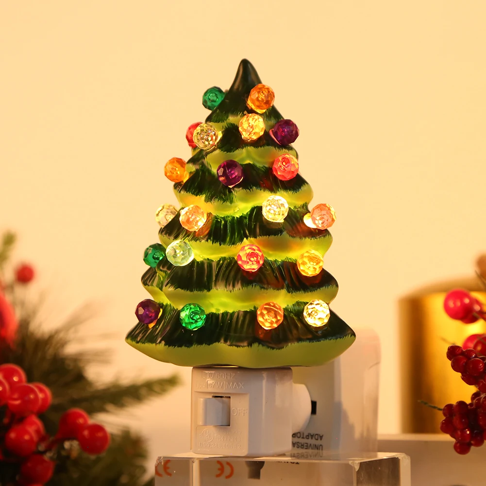 Christmas Tree Night Light Plug In Tree Nightlight Decorative Resin Wall Lamp with Colorful Balls Cute for Bedroom Holiday Decor