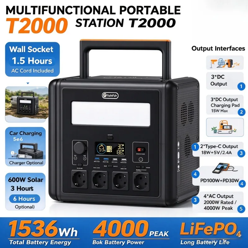 HEZZO T2000 1536Wh Portable Solar Power Station 2000W LiFePO4 Battery Fast Charging Outdoor Camping Emergency Generator
