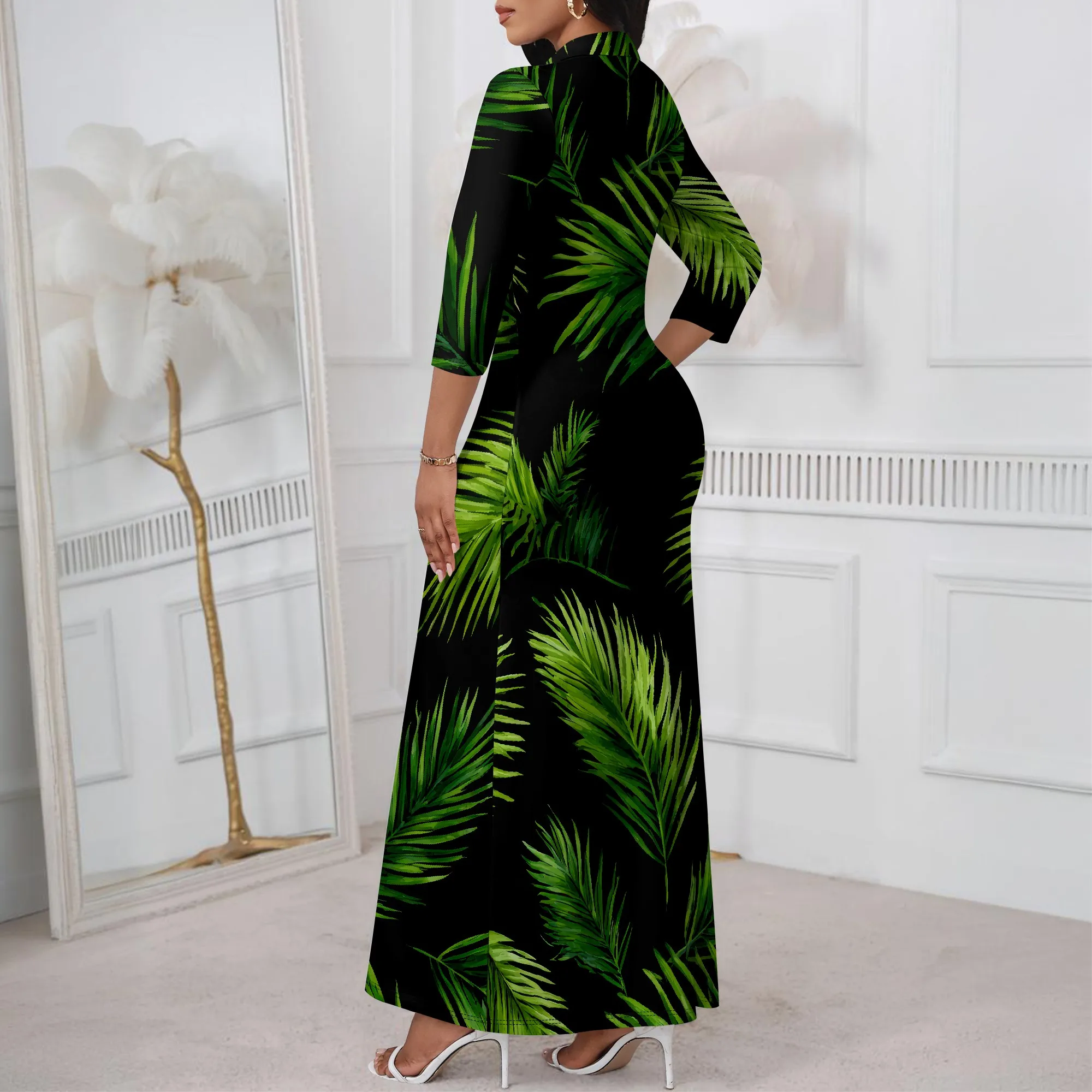 Abito casual maxi lungo da donna a maniche lunghe con scollo a V profondo e ampio