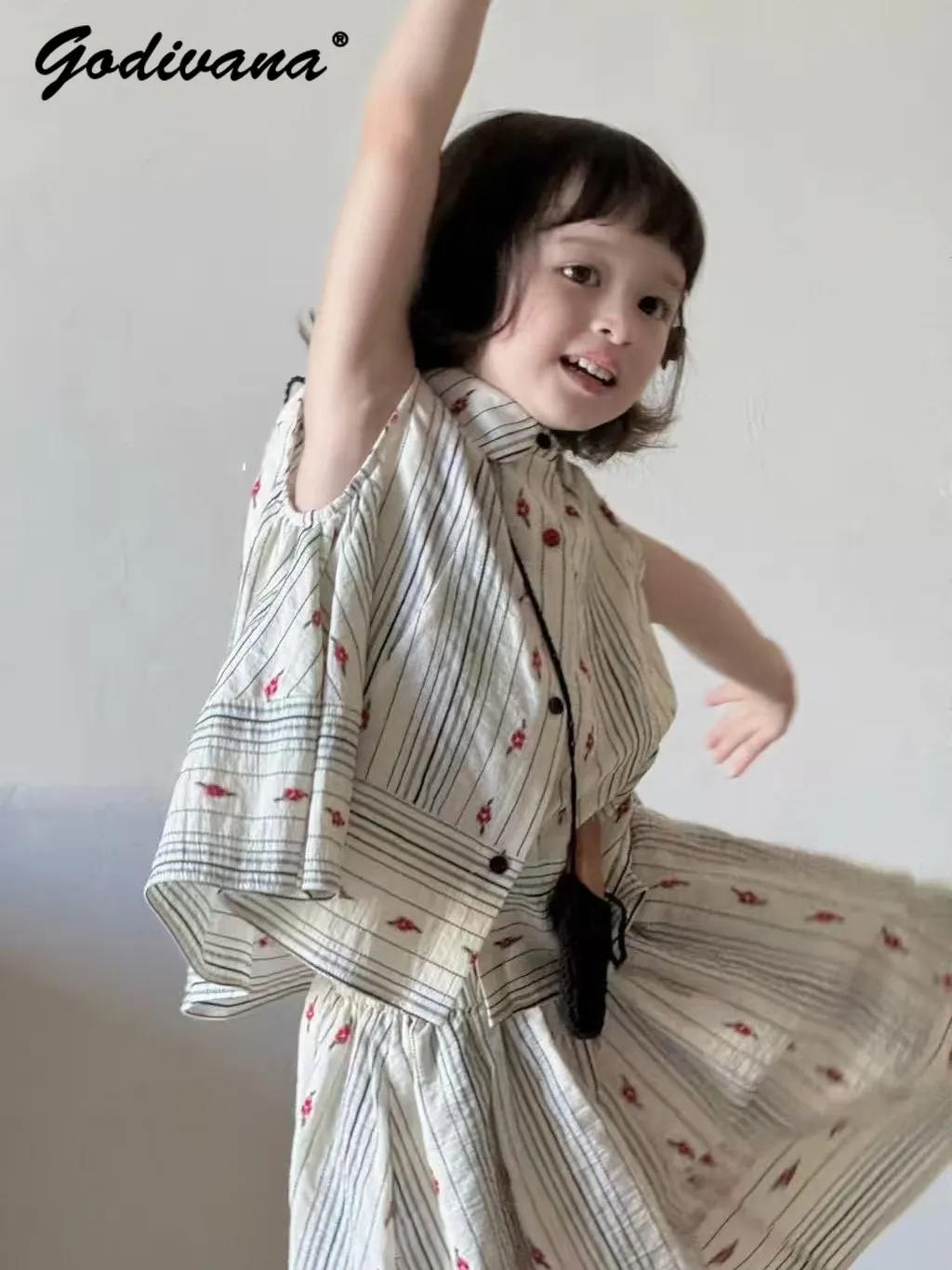 Baby Girls Summer Pure Cotton Breathable 2pcs Set Kids Luxury High End Sleeveless Doll Collar Floral Top and Loose Casual Pants