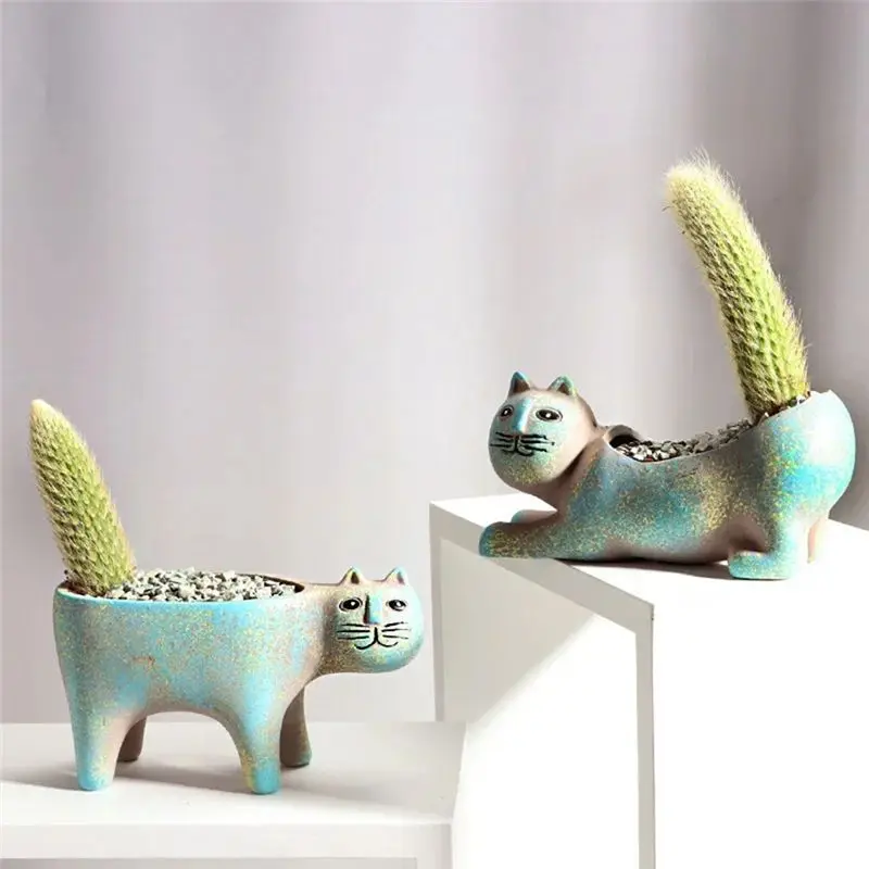 AB46-2PCS Cute Cat Succulent Plant Pot Vase Cartoon Animal Flower Pot Simulation Cactus Flower Pot Planters Easy To Use