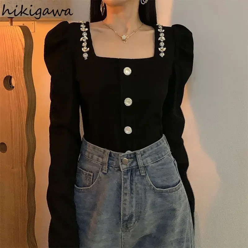 Vintage Camisas De Mujer Temperament Black Blouses for Women Square Collar Diamond Tunic Shirts Puff Sleeve Korean Blouse Tops