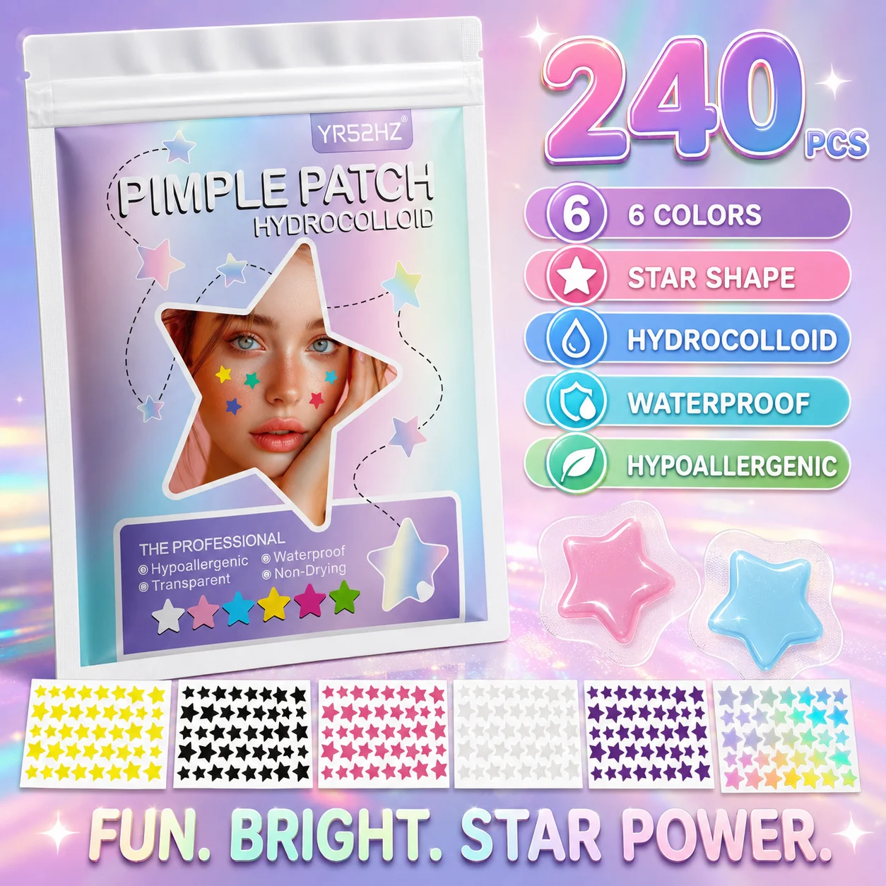 240PCS Star Pimple Patches For Face Hydrocolloid, Absorbing Cover, Tea Tree, Hydrocolloid Acne Patch, Cute Star Pimple Patch
