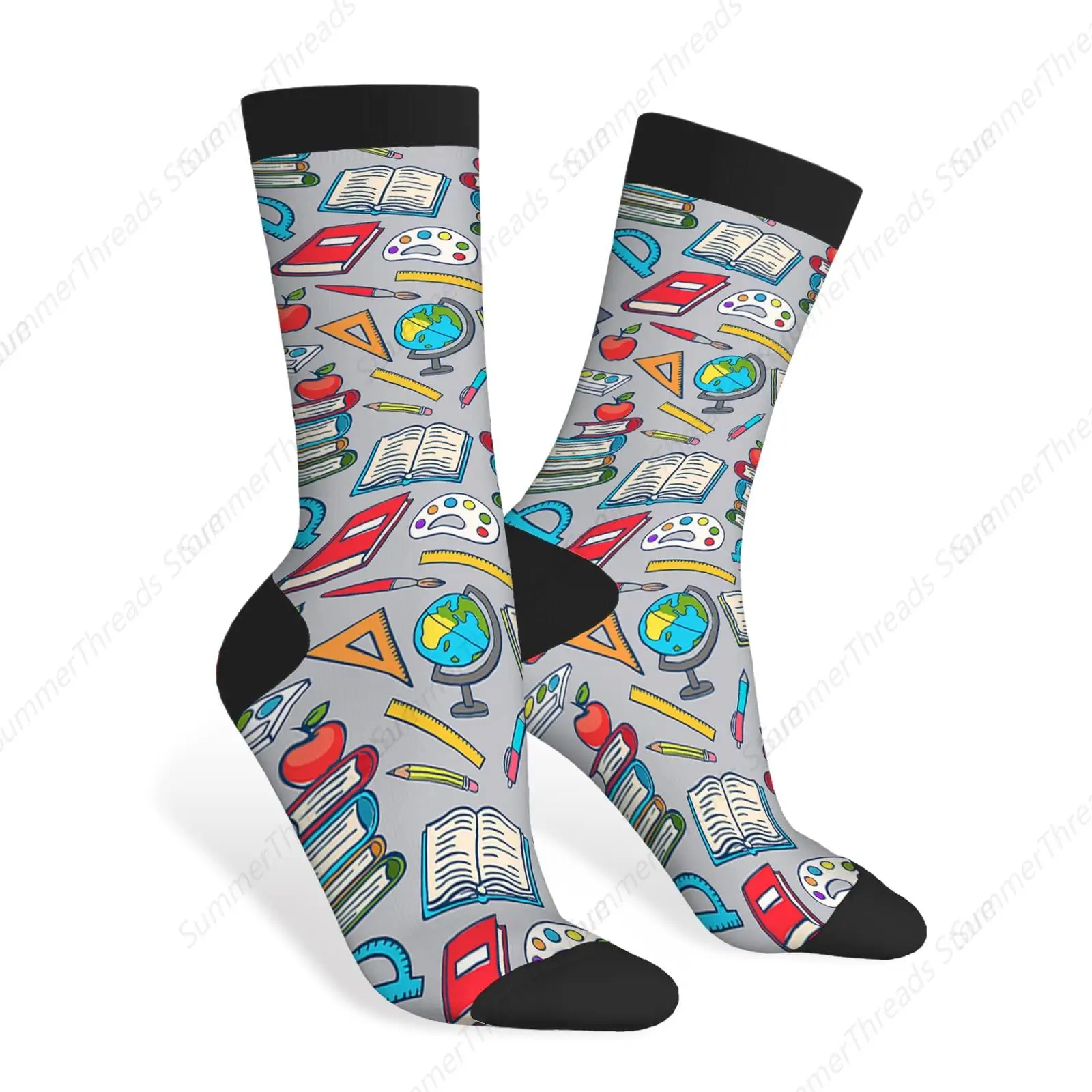 School Supplies Funny Socks Paints and Brushes Globe Books Apple Pencil Notebook Lamp Novelty Casual Crew Socks 15-16''