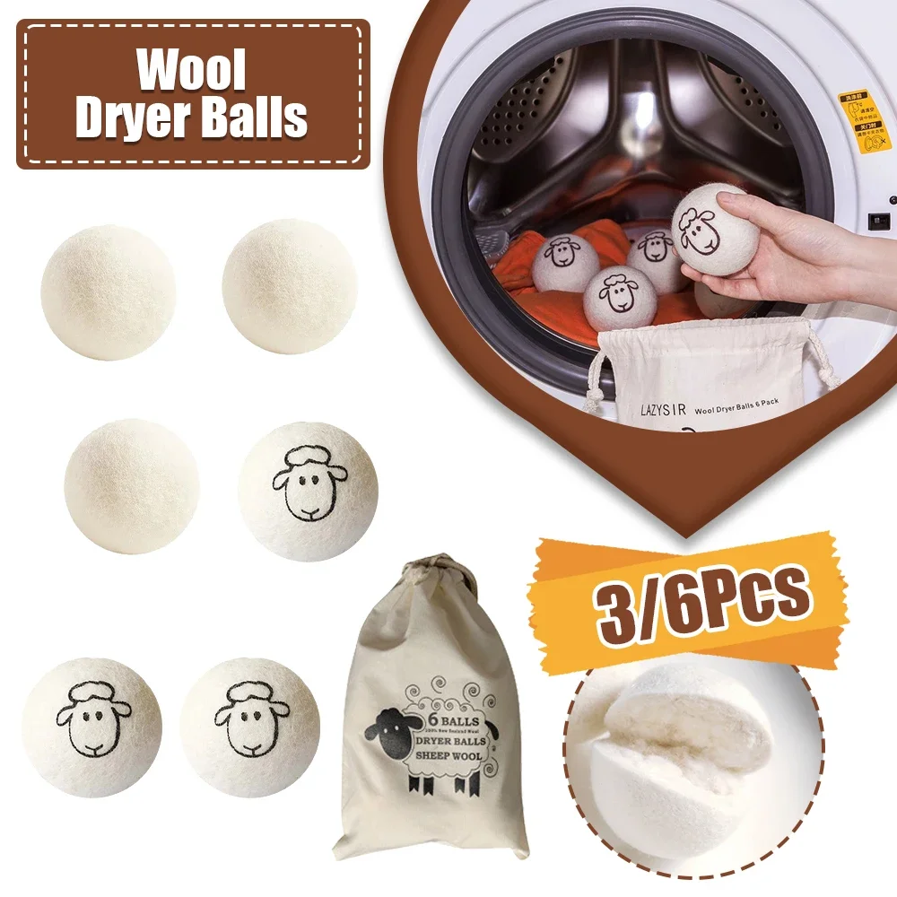 3/6 Wool Dryer Balls Fabric Virgin Reusable Softener Laundry Dryer Kit Balls Practical Home Wash Balls Wool Dryer Balls