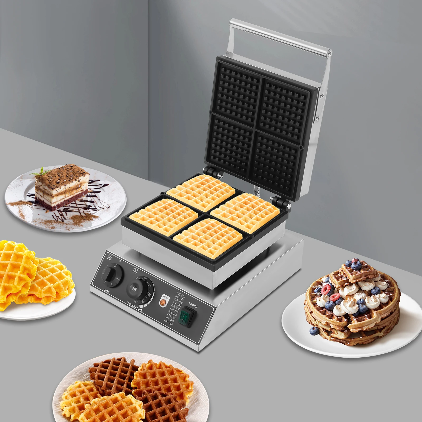 1750W Waffle Iron Belgian Waffles Non-stick Coating Adjustable Temperature 180° Rotatable