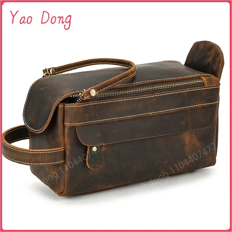 Yao Dong Vintage Thick Genuine Crazy Horse Leather Women Men Cosmetic Bag case Travel Toiletry Wash Bag Make Up Bags handbag clu