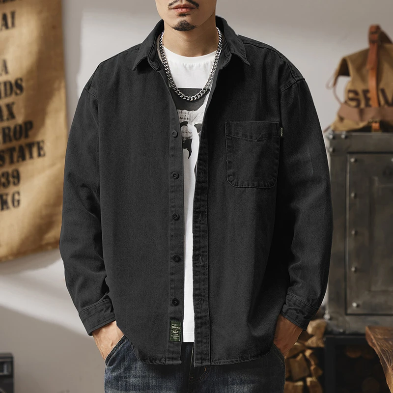 Camicia di jeans da uomo, giacca da lavoro blu americana primaverile e autunnale, giacca a maniche lunghe antirughe casual per giovani di inizio autunno