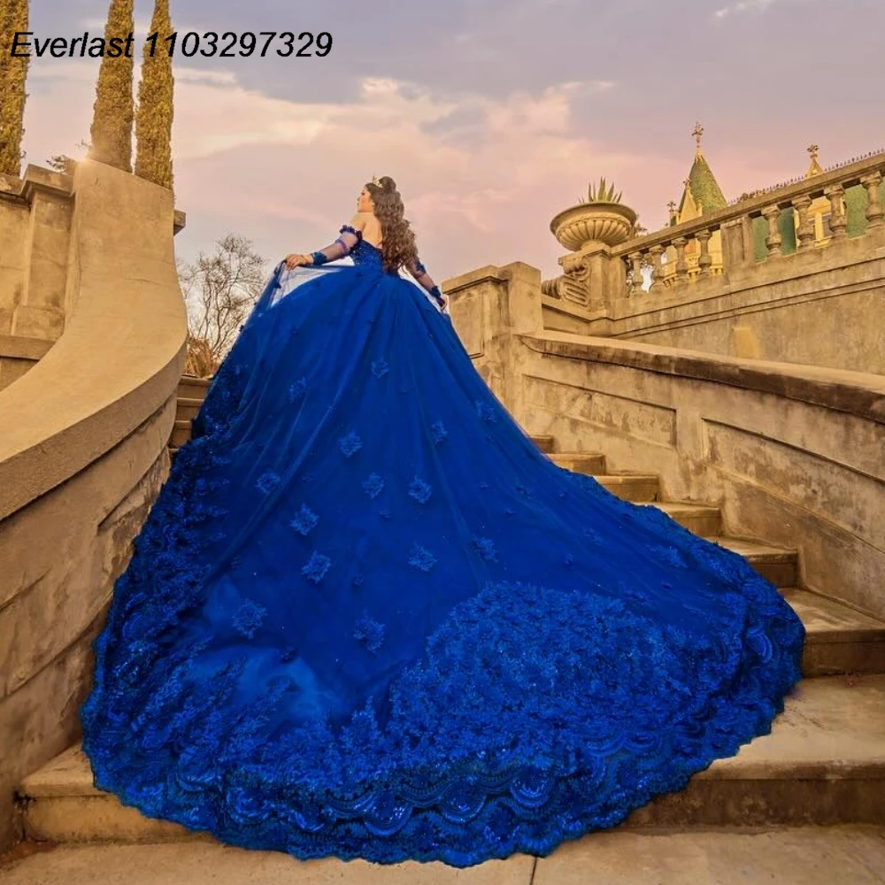 EVLAST Customized Royal Blue Quinceanera Dress Ball Gown Floral Lace Applique Beading Corset Sweet 16 Vestido De 15 Anos TQD981