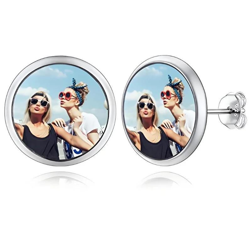 Personalized Custom Photo Earrings for Women Round/Heart Ear Studs Stainless Steel/18K Gold Fun Gift for Birthday Christmas