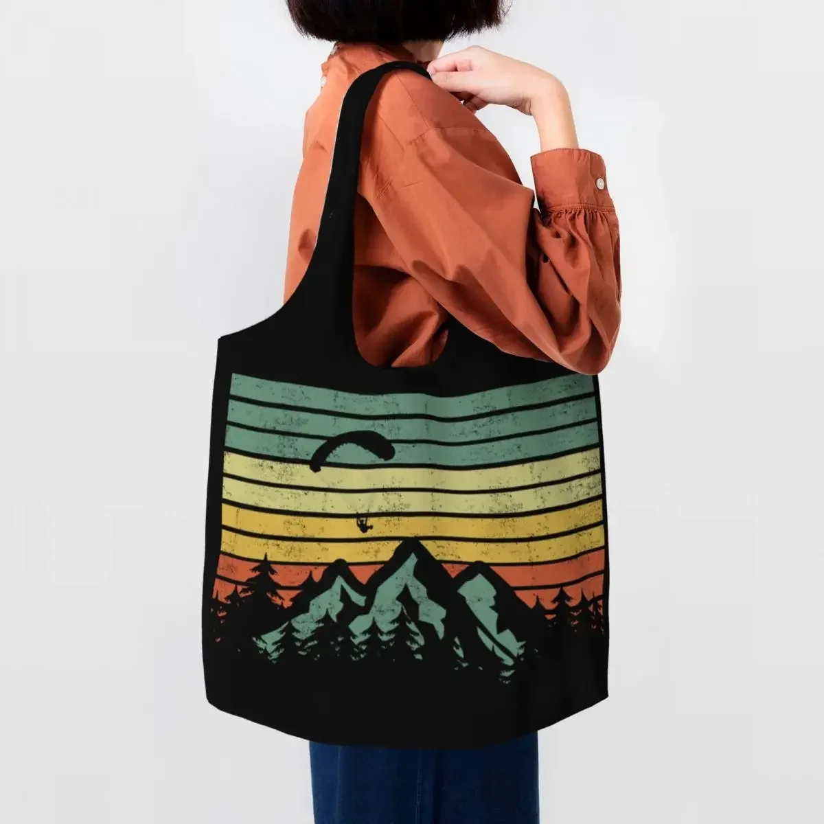 Paraglider Sails Over Mountains Grocery Shopping Bag Canvas Shopper Shoulder Tote  Large Capacity Durable Gift Lover Handbag