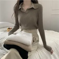 Knitted T Shirts For Women Clothes Streetwear High Quality Clothing Womens Polo Neck Tee Shirt Aesthetic Hot Top Vintage Striped