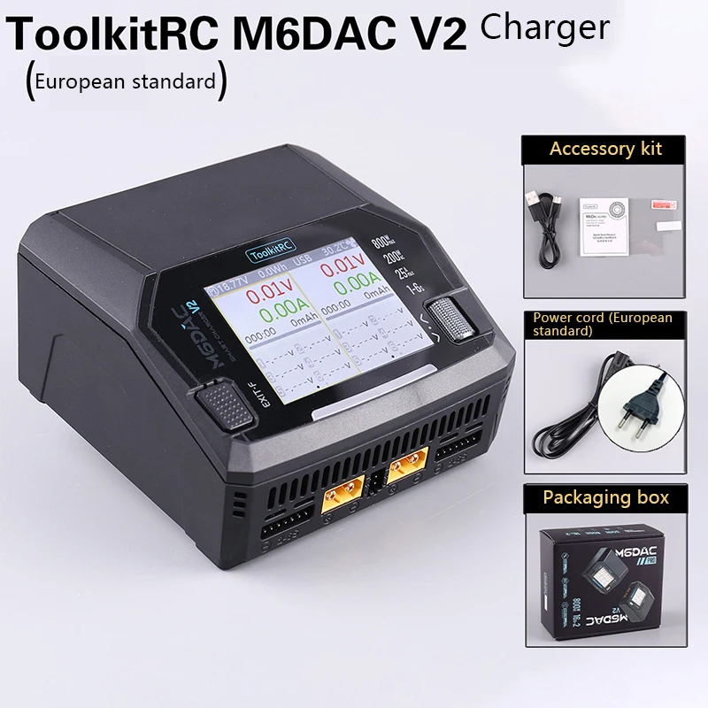 ToolkitRC M6DAC V2 Dual Channel 1-6S Lithium Battery Charger for RC Models Cars Boats DC800W AC200W High Power Charging Tool