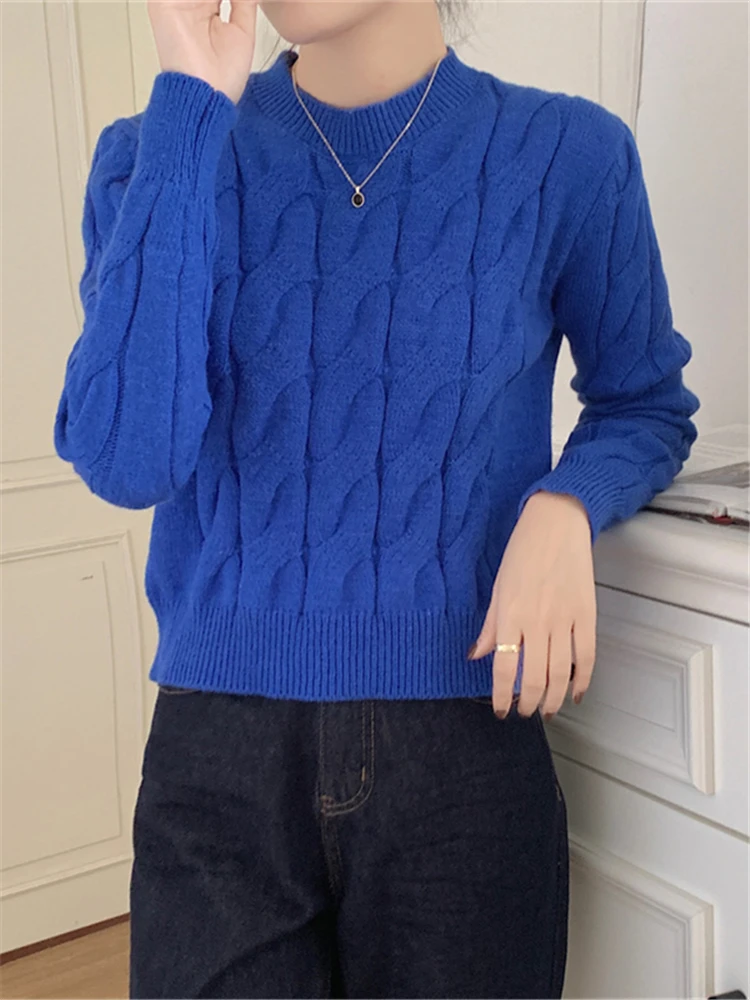 

Autumn Winter Blue Women's Short Sweater 2022 New Casual O-Neck Twist Knitted Sweaters Long Sleeve Ladies Pullover Female