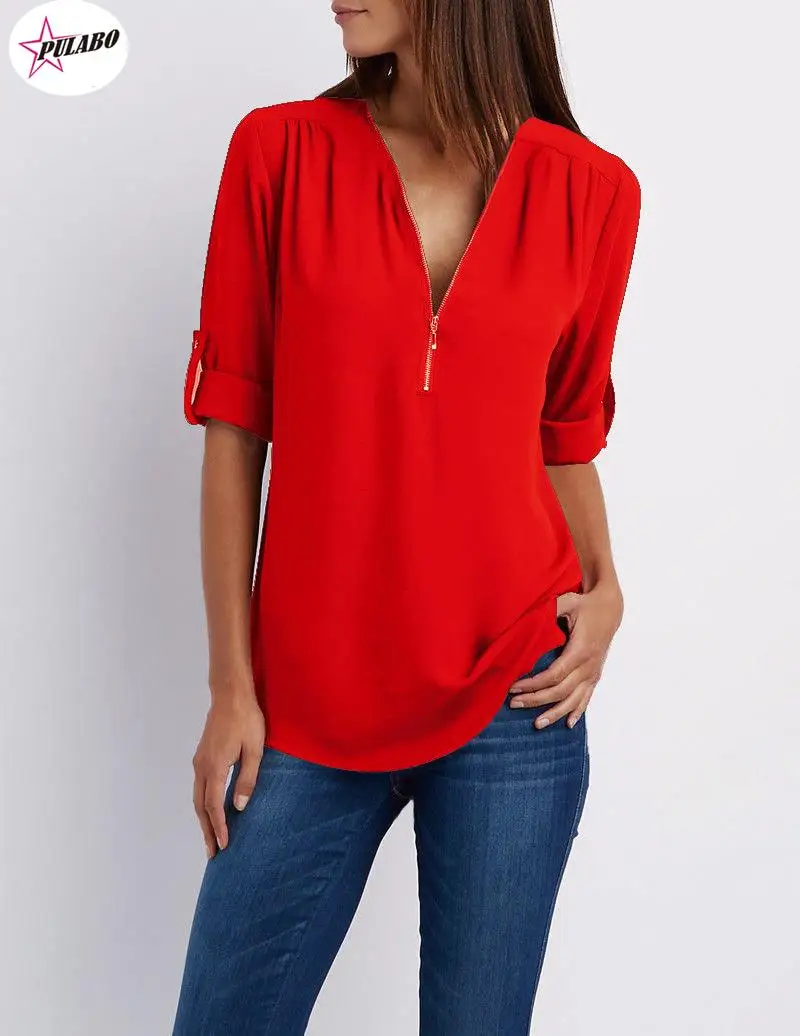 PULABO Spring Summer Loose Chiffon Blouse Shirts Casual Long Sleeve Women's Tops Blouses V Collar Zipper Female Clothes