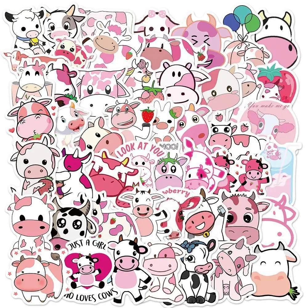 

50Pcs Cute Strawberry Cow Pink Graffiti Stickers For Luggage Laptop Car Motor Water Bottle Decorative Decal Aesthetic Gift