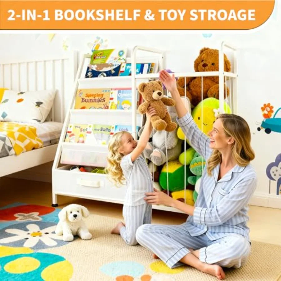 Large White 3Tier Bookshelf with Sling Shelves and Fabric Toy Chest for Playrooms Bedrooms and Nurseries Versatile Stuffed Anim