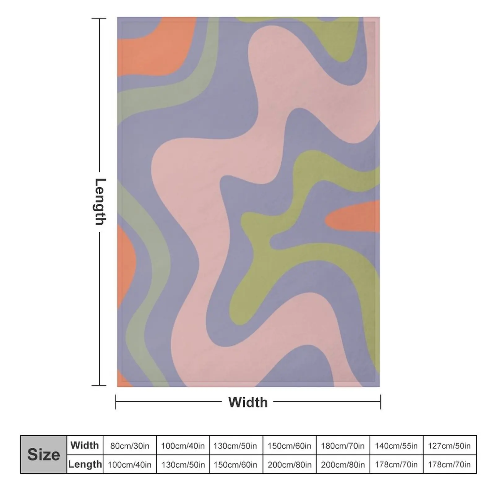 Retro Liquid Swirl Abstract Pattern in Lavender Blue, Celadon, Lime Green, Cantaloupe Orange, and Pale Pink Throw Blanket