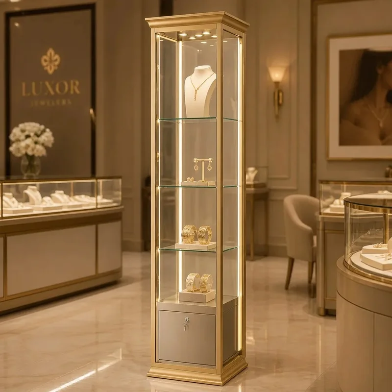 custom.Modern Gold Frame Jewelry Cabinet Tempered Glass Display Top Lockable Multi Storage Shop Furniture Jewelry Display Showca