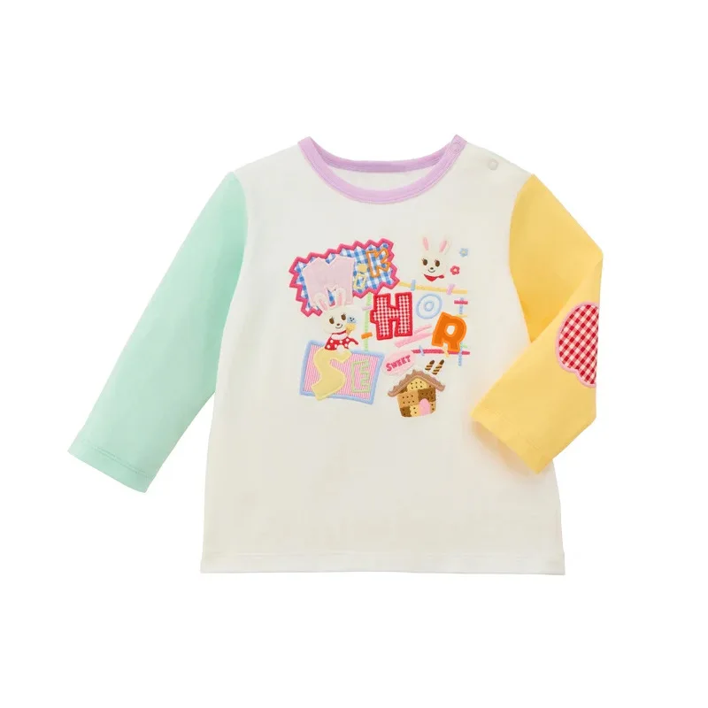 2026 Japanese Autumn Long Sleeve T-Shirt for Boys & Girls Bear Rabbit Applique Colorblock Cute Baby Inner Top Soft Cotton Fabric
