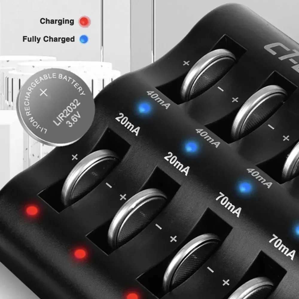 Type C Smart Lithium Button Battery Charger 8 SLOT for LIR2032 LIR1632 LIR2025 LIR2016 LIR2032H Rechargeable Batteries Cable