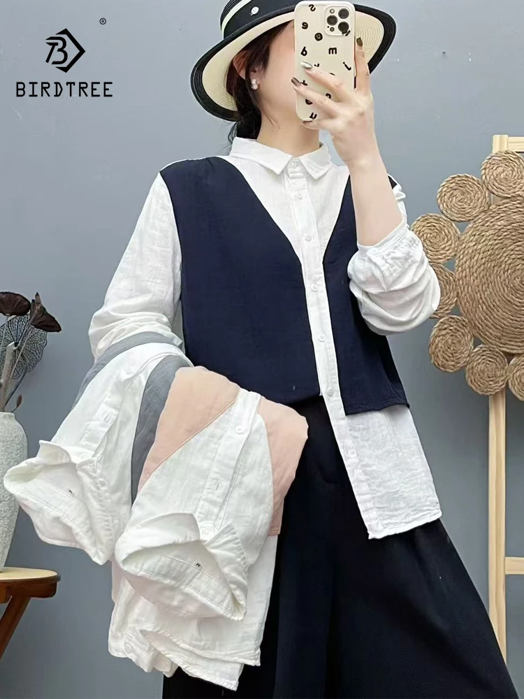 

Новинка 2024 года, осенняя рубашка с длинными рукавами из хлопковой пряжи, женская лоскутная блузка с отложным воротником, свободная блузка из 2 предметов Mori Girl False T58024CC