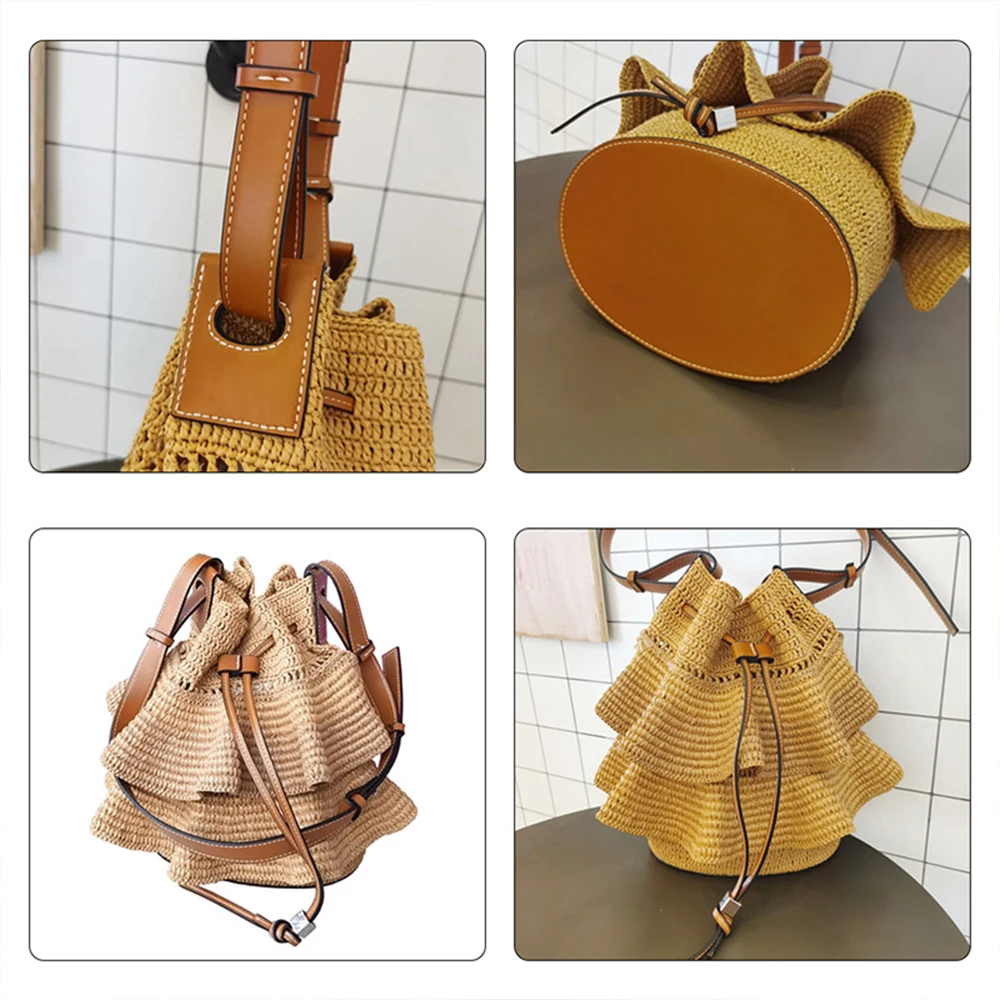 DIY Handmade Hollow Drawstring Woven Bag Set Leather Bucket Bags Bottom Handbag Shoulder Strap Women Crossbody Weave Accessories